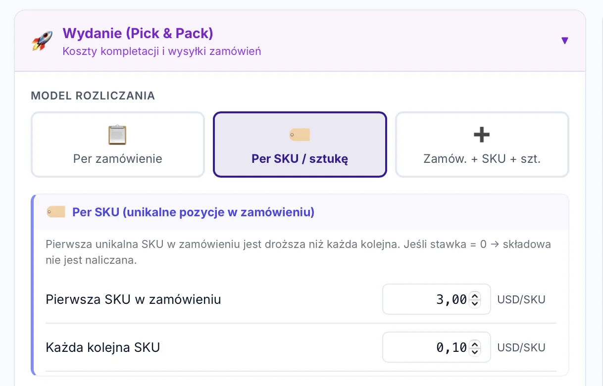 Pick & Pack w FulBill — trzy modele rozliczania kompletacji zamówień: per zamówienie, per SKU/sztukę, zamówienie + SKU + sztuki