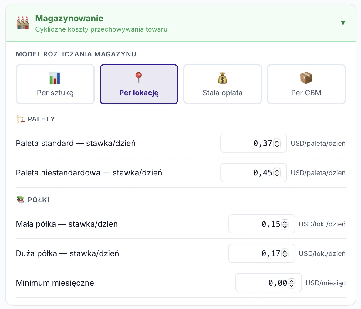 Magazynowanie — 4 modele rozliczania w FulBill: per sztukę, per lokację, stała opłata, per CBM